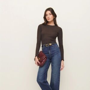 The Reformation Davy Long Sleeve Crewneck Tee in Dark Olive